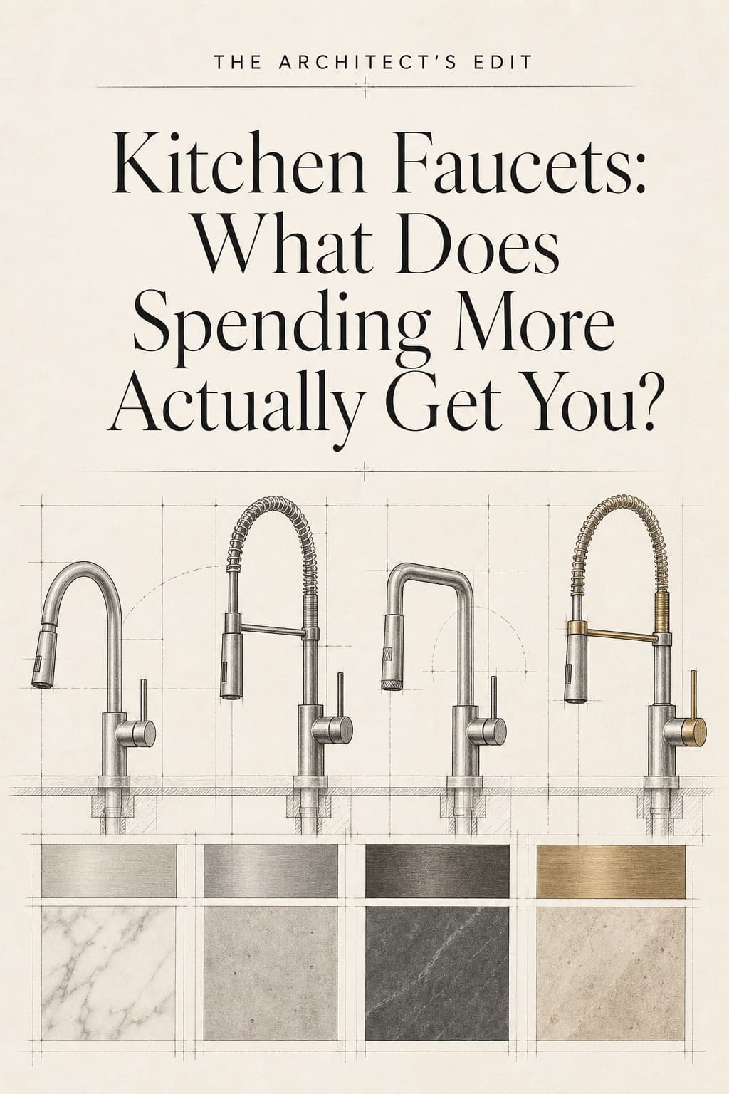 Architectural line drawings comparing kitchen faucet forms and finishes