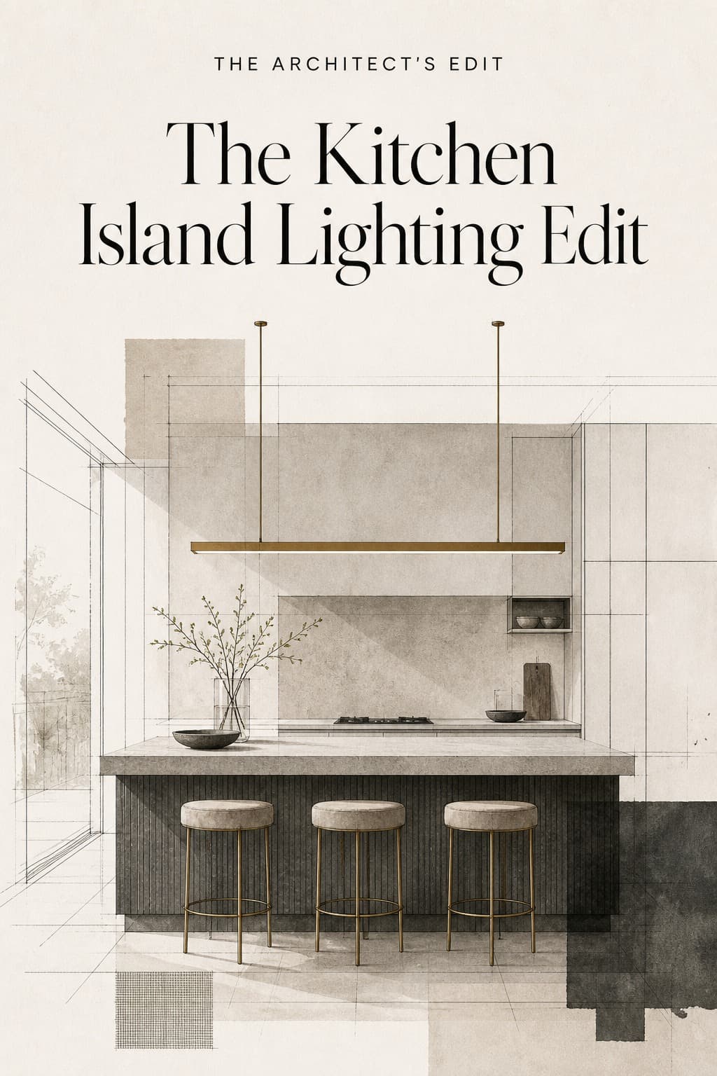 Architectural line drawing of a linear pendant above a kitchen island